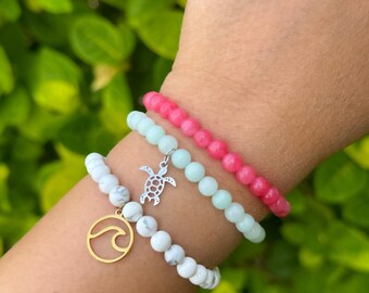 Crystal bead bracelet stackable beach charm bracelet custom jewelry gift for her gemstone bracelet beachy boho turtle jewelry for daughter