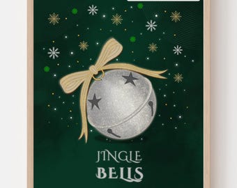 Green Jingle Bells Christmas Art Print, Modern Holiday Decor (Digital Download)