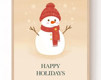 Whimsical Snowman Print | Boho Neutral Winter Decor | Wall Art Printable | Digital Download