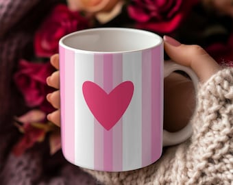 Valentine Heart Mug | Pink Stripes Coffee Mug with Double Hearts | Romantic Gift | 11 oz