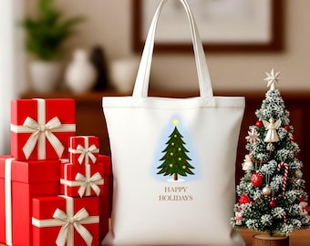 Christmas Tree Cotton Canvas Tote Bag | Holiday Reusable Shopping Bag