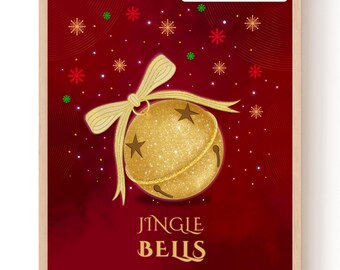 Red Christmas Jingle Bells Art Print, Gold Holiday Decor (Digital Download)