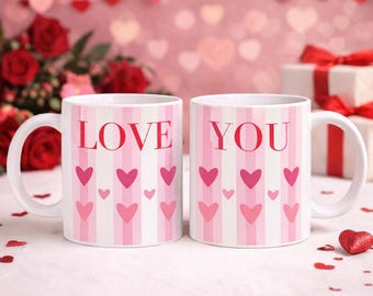 Love You Valentine Mug | Romantic Coffee Mug with Pink Hearts | Double-Sided Design | 11 oz