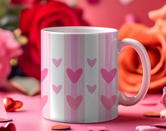Pink Stripes Heart Mug | Valentine's Day Gift, 11 oz