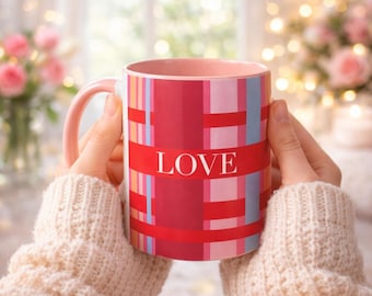 Pink LOVE Plaid Coffee Mug | Red Plaid, Blush Accent, 11 oz