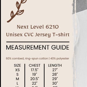May include: Size chart for a unisex t-shirt made of 60% combed, ring-spun cotton and 40% polyester. The chart shows sizes XS through XXL with corresponding chest and length measurements in inches.