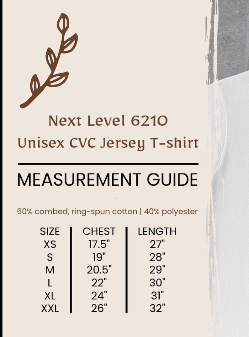 May include: Size chart for a unisex t-shirt made of 60% combed, ring-spun cotton and 40% polyester. The chart shows sizes XS through XXL with corresponding chest and length measurements in inches.