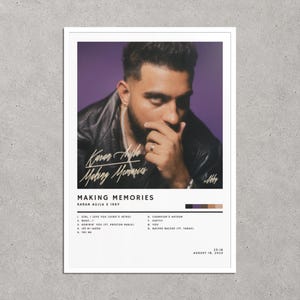 May include: A rectangular poster featuring a portrait of Karan Aujla in a black leather jacket against a purple background. The text reads Making Memories, Karan Aujla x Ikky, and lists nine song titles, the date August 18, 2023, and duration 25:18.