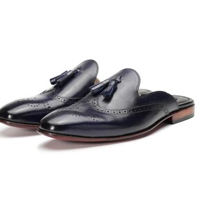 Black Blue Brogue Wingtip Tassel Mule Loafer backless Shoes Premium Quality Custom Hand Made Best Gift for yourself