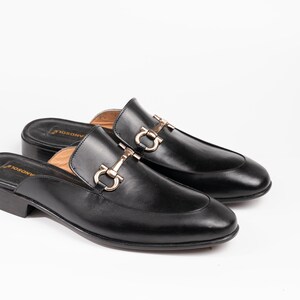 Apron Toe Horsebit backless loafer Slip on Mule with Buckle of Your Choice Black Silver Chrome Premium Handmade, Gift for Men