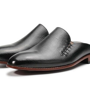 Black Side Lace Leather Mules Refined Wholecut Design in Pebble Grain Leather