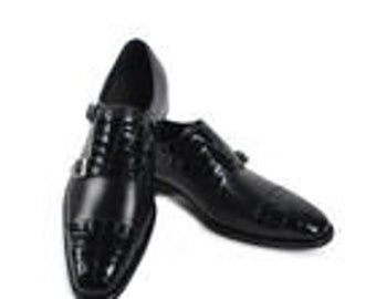 Genuine Handmade Black Crocodile Leather Mens Monk Shoe