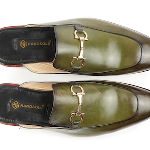 Apron Toe Olive Green Horsebit Backless Loafer Mule – Handmade Unisex Luxury Slip-On Buckle of Your Choice Black Silver Chrome
