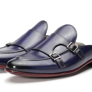 Purplish Blue Patina finish Apron Toe Double Buckle loafers Slip-On Mule Custom Made-To-Order Shoes  Premium Quality Handmade Gift for You
