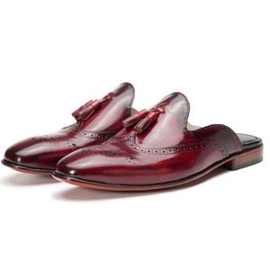 Burgundy Brogue Wingtip Tassel Mule Loafer backless Shoes Premium Quality Custom Hand Made Best Gift for yourself