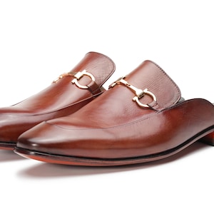 Tan Apron Toe Horsebit backless loafer Slip on Mule with Buckle of Your Choice Black Silver Chrome Premium Handmade, Gift for Men