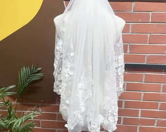 Floral Lace Wedding Veil Elbow Length Veil Short Lace Veil Ivory Flower Veil Fingertip Veil White Veil Floral Veil Pearl Veil Custom Veil