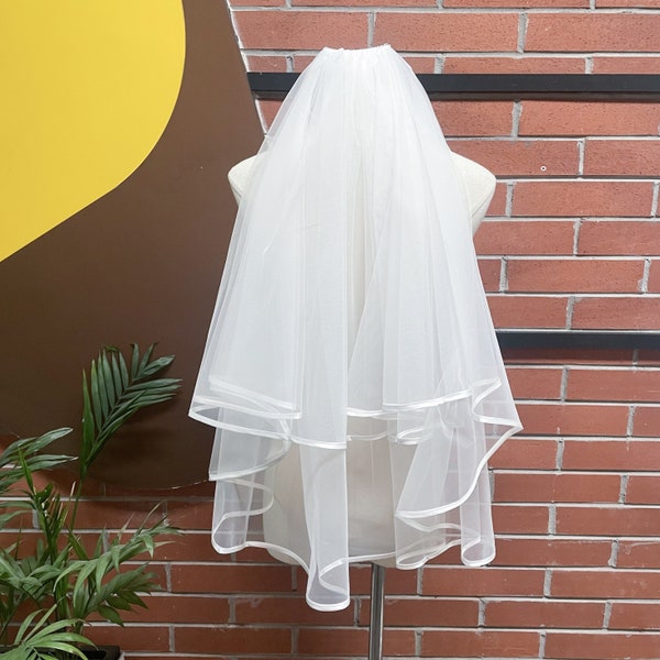 Satin Trim Wedding Veil Double Layers Veil Elbow Length Veil Simple Bridal Veil Satin Edge Veil Ivory Veil Blusher Veil with Comb Short Veil