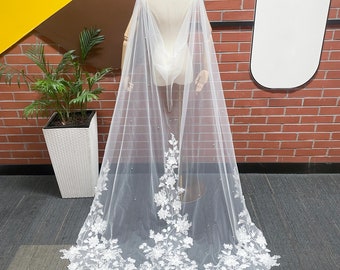 Ivory Shoulder Cape Veil Scattered Pearls Wedding Cape Floral Lace Bridal Cape Floor Cape Veil Floral Cape for Bride Pearl Cape Veil