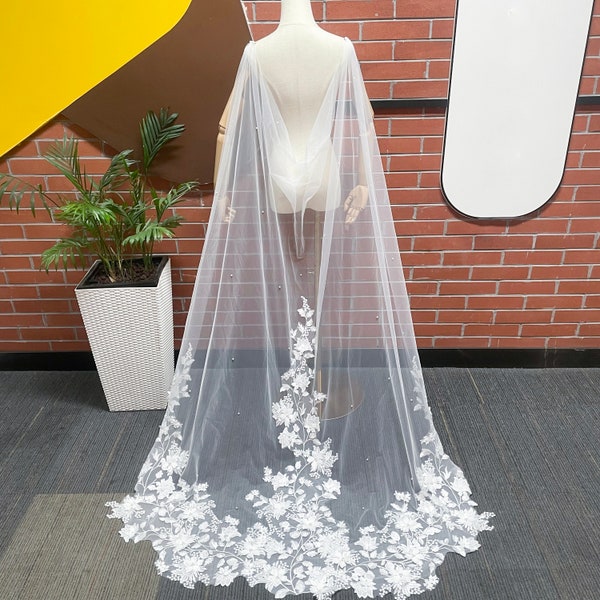 Ivory Shoulder Cape Veil Scattered Pearls Wedding Cape Floral Lace Bridal Cape Floor Cape Veil Floral Cape for Bride Pearl Cape Veil