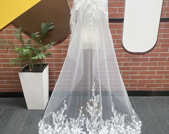 Voile pour mariage longueur sol Voile de mariage en dentelle florale Voile pour mariage floral Voile simple couche avec peigne Voile long en dentelle pour mariage