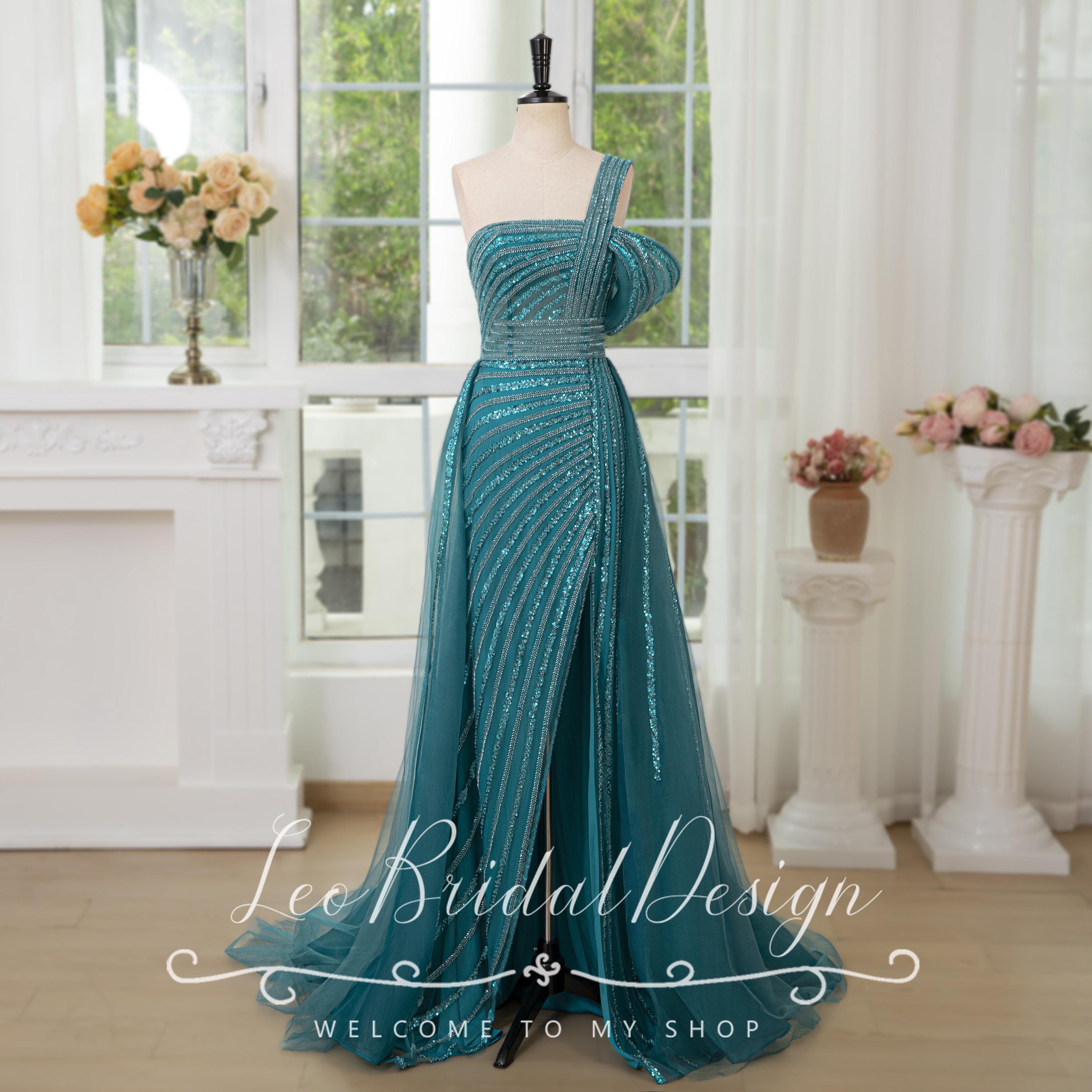 Vintage One Shoulder Peacock Blue Satin Pleated Beaded A Line Long Party Dress Prom Gowns SP1950