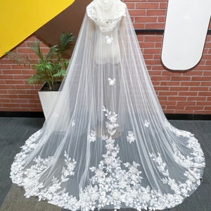 Floral Lace Cape Veil Hooded Wedding Veil Chapel Length Bridal Veil Floral Cloak for Wedding Photo Shoot Lace Veil Cathedral Cape Veil