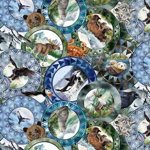 May include: A repeating pattern of circular medallions featuring wildlife illustrations including a brown bear, moose, bald eagle, orca, puffin, sea otter, wolf, and crab, each framed by intricate geometric borders in shades of blue, green, and brown.