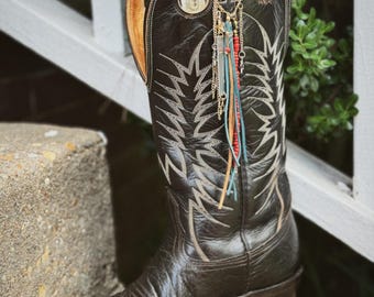 Handmade Solar Flare Boot Charm – Western Leather Fringe, Stars & Beads