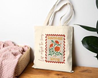 Vintage Floral Stamp Tote Bag | Botanical Marigold, Hand-lettered Script Canvas Bag