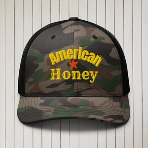 American Honey Camo Trucker Hat – Retro Southern Style Embroidered Mesh Hat