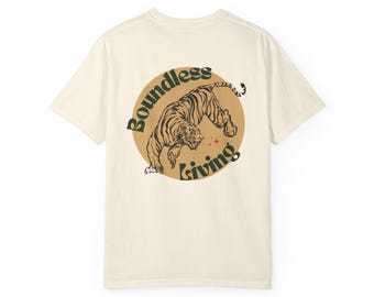 Boundless Living retro tiger circle graphic T-Shirt front back design, life outside the lines