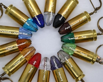 Crystal Bullet Birthstone Earrings with genuine 9mm casing