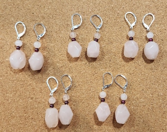Rose Quartz and Garnet Gemstone Earrings, Geometric Earrings, Rose Quartz Jewelry,