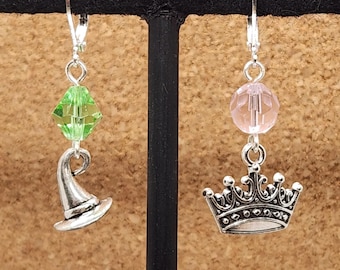 Elphaba/Glinda mis-matched earrings -- inspired by the characters in Wicked the Musical