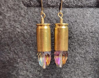 Upcycled 9mm Bullet Earrings, Aurora Borealis Crystal, Lever-back