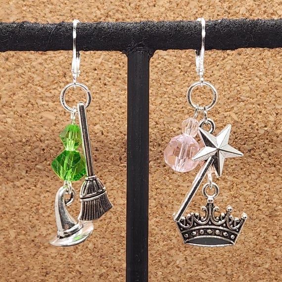 Elphaba/Glinda mis-matched earrings -- inspired by the characters in Wicked the Musical