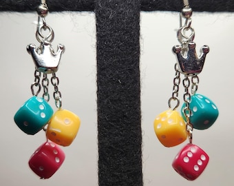 Colorful Dangling Dice Silver Earrings, Game Night Jewelry - Bunco Queen, Yahtzee, Backgammon