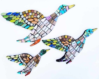 3 flying ducks mosaic kit. Suitable for beginners. No cutting required. Retro decor. Craft gift.