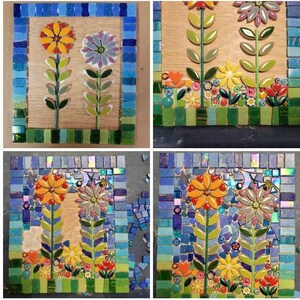 K&ouml;nnte beinhalten: Ein Mosaik-Kunstwerk, das eine Gartenszene mit Blumen, Bl&auml;ttern und einem Mond darstellt. Die Blumen sind gelb, orange und wei&szlig;. Die Bl&auml;tter sind gr&uuml;n. Der Mond ist wei&szlig; mit einer Sichelform. Der Hintergrund ist ein blaues und gr&uuml;nes Mosaik.