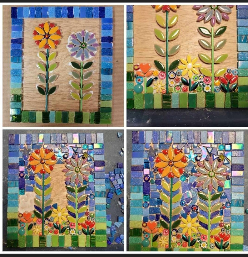 K&ouml;nnte beinhalten: Ein Mosaik-Kunstwerk, das eine Gartenszene mit Blumen, Bl&auml;ttern und einem Mond darstellt. Die Blumen sind gelb, orange und wei&szlig;. Die Bl&auml;tter sind gr&uuml;n. Der Mond ist wei&szlig; mit einer Sichelform. Der Hintergrund ist ein blaues und gr&uuml;nes Mosaik.
