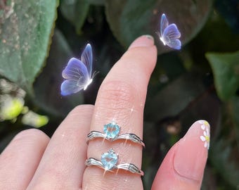 Blue Topaz Angel Wing Heart Rings I 925 Sterling Silver + Adjustable I Enchanting, Princess, Fairy Core Gift For Someone Special!