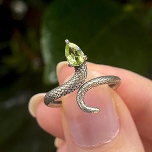 Peridot Crystal Snake Ring / Serpent Symbolism, 925 Sterling Silver + Adjustable! Witchy, Magical, Fantasy Wearable Gift