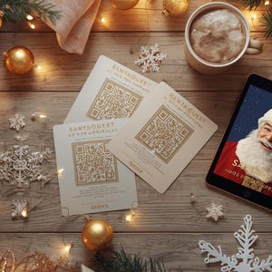 May include: A Christmas-themed image featuring a tablet showing Santa Claus, alongside "SANTAQUEST" tickets, baubles, and snowflakes. A mug of coffee and fairy lights create a festive atmosphere.