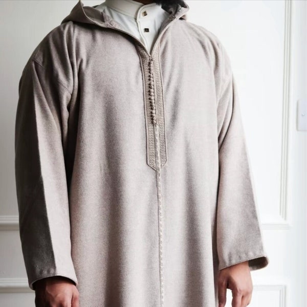 Desert Sand Premium Hooded Men's Djellaba Embroidered Lightweight wool no pockets hand finished full sleeve
