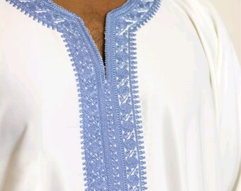 Elegant White and Sky Blue Moroccan Men Thobe crafted in Morocco, packaged in UK Embroidered Gandoura - Single pocket