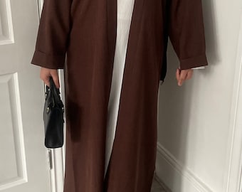 Cedar Brown Open Abaya | Dubai Collection | Premium Linen | Comes with a belt | Comes in different sizes | Made in Dubai | Packaged in UK