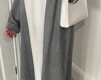 Silver Grey Open Abaya | Dubai Collection | Premium Linen | Comes with a belt | Comes in different sizes | Made in Dubai | Packaged in UK