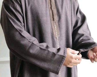 Hazelnut Brown Premium Hooded Men's Djellaba Embroidered Lightweight wool no pockets hand finished full sleeve