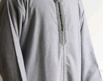 Sterling Grey Premium Hooded Men's Djellaba Embroidered Lightweight wool no pockets hand finished